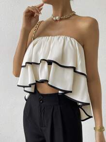 SHEIN Privé Contrast Binding Ruffle Trim Tube Top - Multicolor - View 3