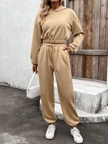 SHEIN LUNE Của phụ nữ Áo nỉ có mũ Và Quần thể thao Bộ - Màu Khaki - Xem 4