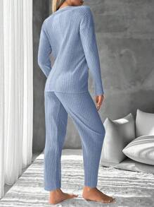 EURMUSE Women's Letter Print Ribbed Knit Lounge Wear Set - Dusty Blue - View 2