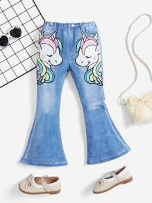 SHEIN 女小童獨角獸和牛仔效果印花喇叭褲 - 淺藍色 - 查看 1
