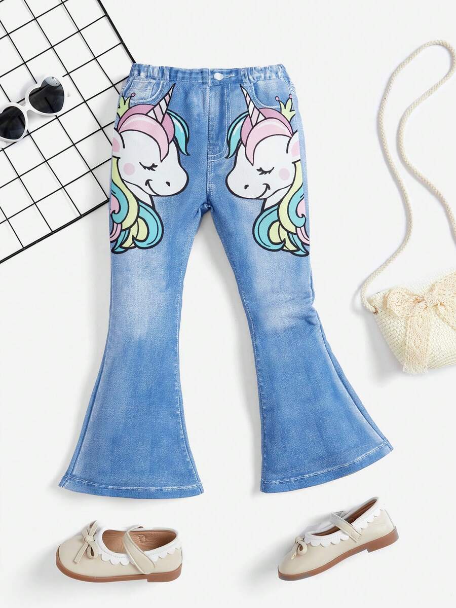 SHEIN 女小童獨角獸和牛仔效果印花喇叭褲 - 淺藍色 - 查看 1