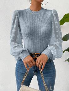 SHEIN Privé 圓點燈籠袖條紋針織上衣 - 藍色 - 查看 4