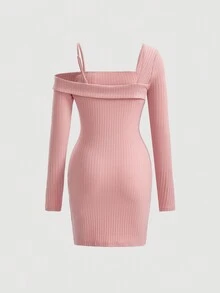 SHEIN MOD 粉色不对称领口紧身连衣裙 - 藕粉色 - 查看 2