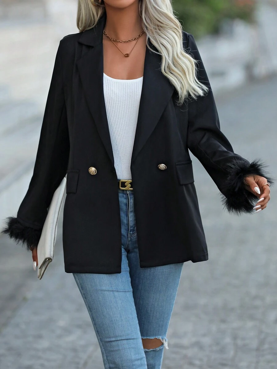 SHEIN Essnce Fuzzy Cổ tay áo Nút đôi Áo vest - màu đen - Xem 1