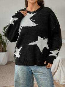 Flirla Talla grande Jersey con patrón de estrella de hombros caídos