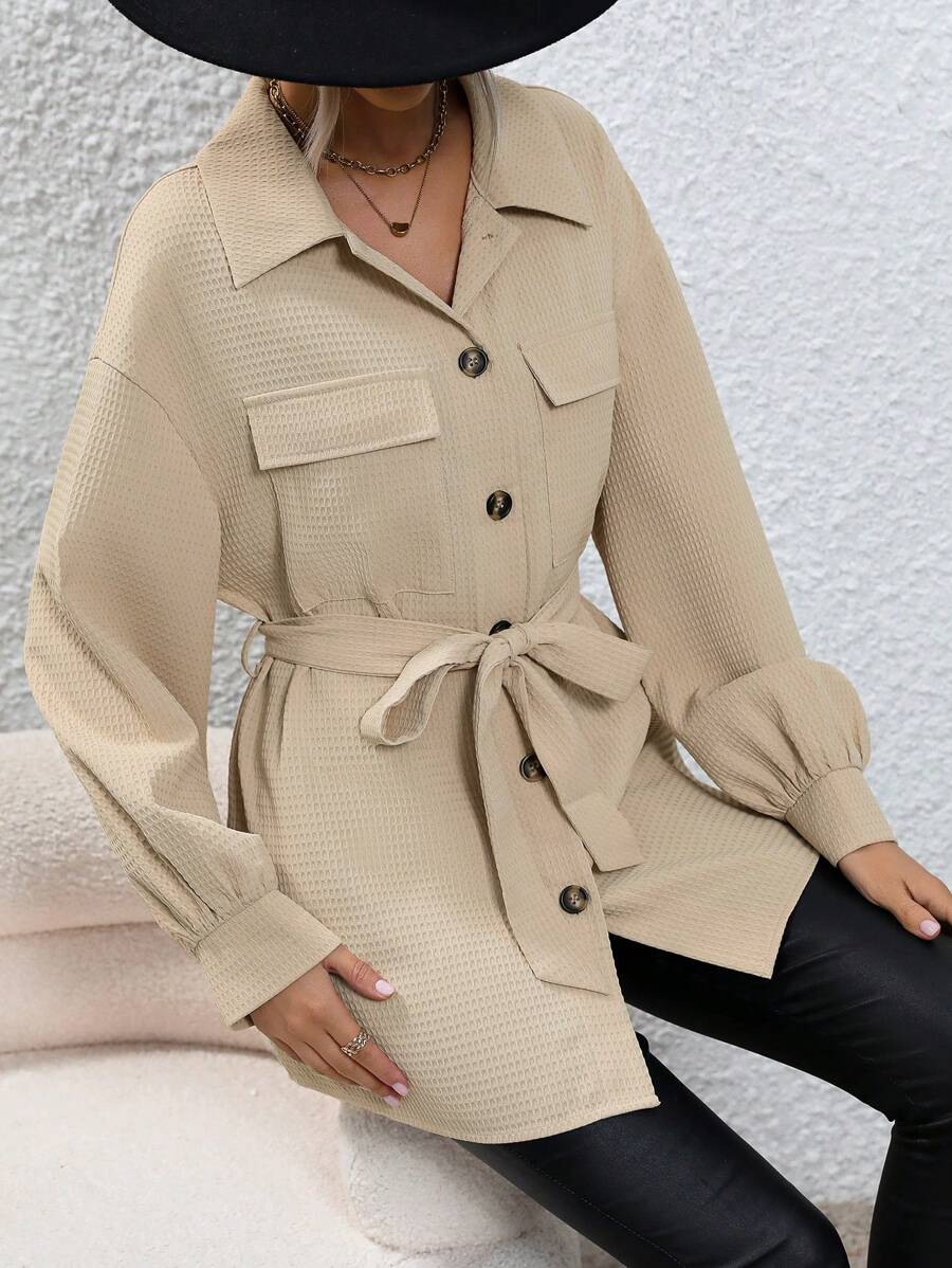 SHEIN LUNE Flap Pocket Drop Shoulder Belted Coat - Khaki - View 1