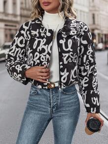 SHEIN LUNE 字母图案拉链短款加厚棉服外套冬季服装 - 黑與白 - 查看 1