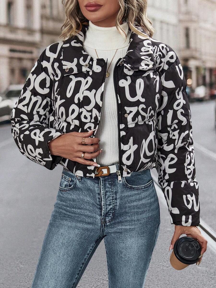 SHEIN LUNE 字母图案拉链短款加厚棉服外套冬季服装 - 黑與白 - 查看 1