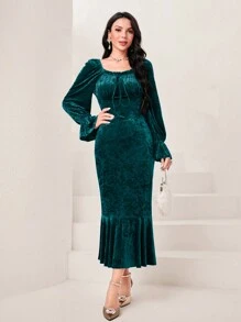 Modelyn Của phụ nữ Nhung Tay áo ren Đuôi cá Hem Đầm - Màu xanh lá cây đậm - Xem 3