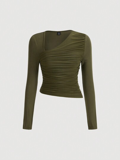 SHEIN X MariajoseGi SHEIN MOD Camiseta De Mujer De Detalle Plisado Y Cuello Asimétrico De Color Sólido