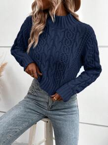 SHEIN LUNE Solid Color Cable Knitted Sweater,Long Sleeve Tops