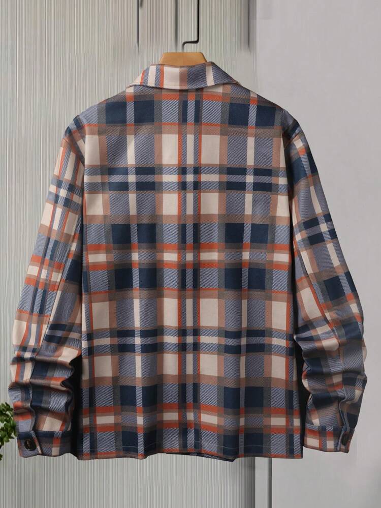 Men's Plaid Turn-down Collar Pocketed Woolen Coat
