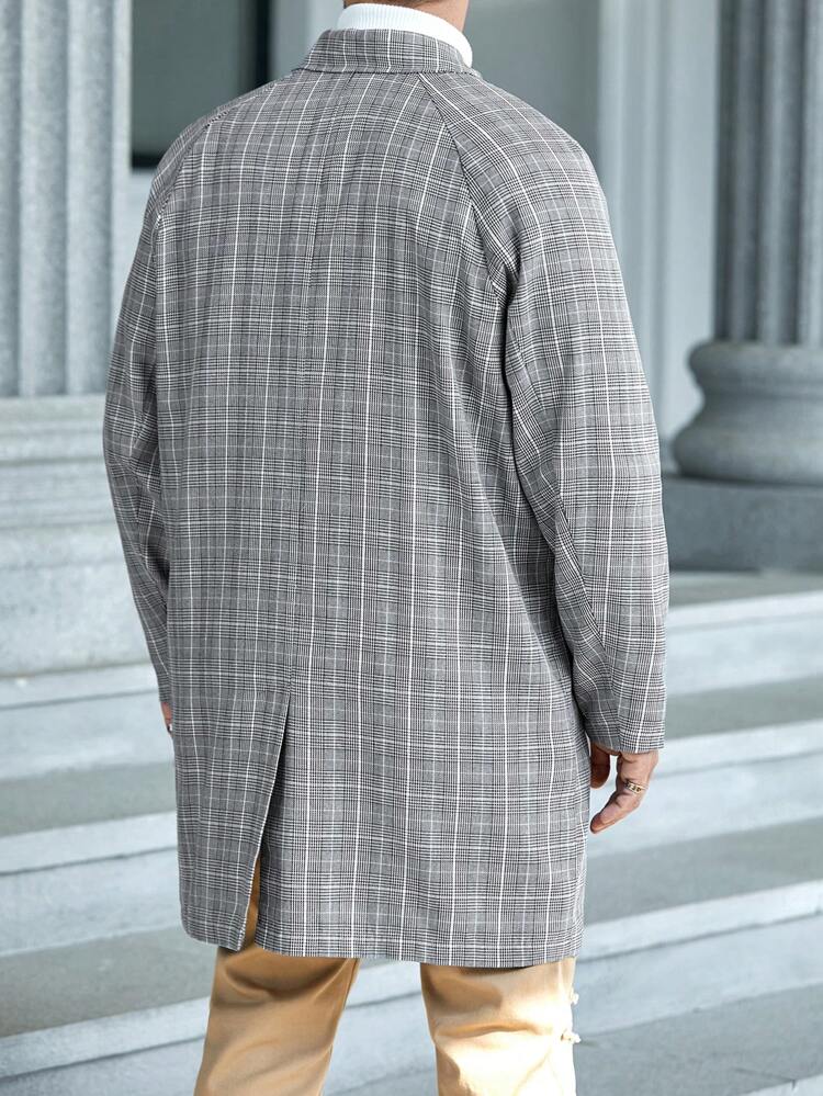 Loose Fit Men Plus Size Plaid Print Raglan Sleeve Coat, For Fall Winter