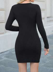 SHEIN EZwear Solid V Neck Bodycon Dress - Black - View 2