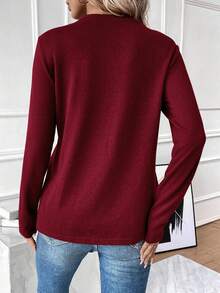 SHEIN Essnce 素色接縫細節T恤 - 酒紅色 - 查看 2