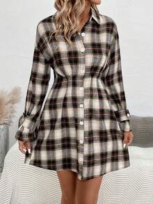 SHEIN LUNE In kẻ sọc Thả vai Chi tiết xếp li Váy sơ mi - Cà phê - Xem 5