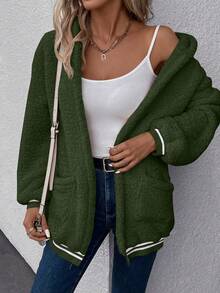 SHEIN LUNE Dual Pocket Striped Trim Hooded Teddy Coat - Army Green - View 4