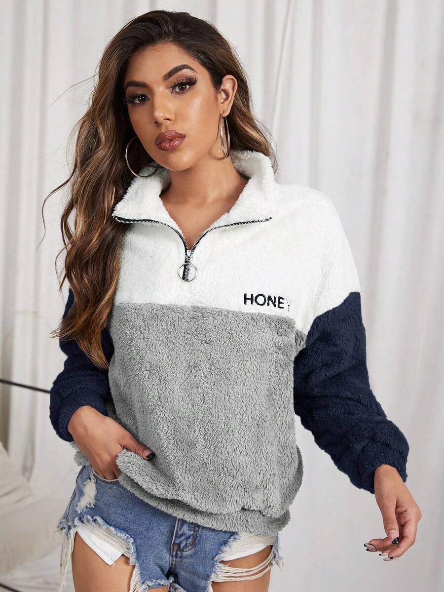 SHEIN EZwear Thêu Chữ Khối màu Flannel Áo nỉ - Màu xanh hải quân - Xem 1