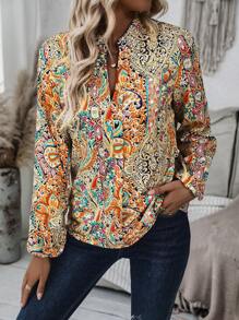 SHEIN LUNE 佩斯利印花缺口領燈籠袖襯衫 - 亮橙色 - 查看 4