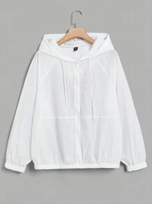 SHEIN EZwear 大碼拉鏈開襟抽繩連帽夾克 - 白色 - 查看 1