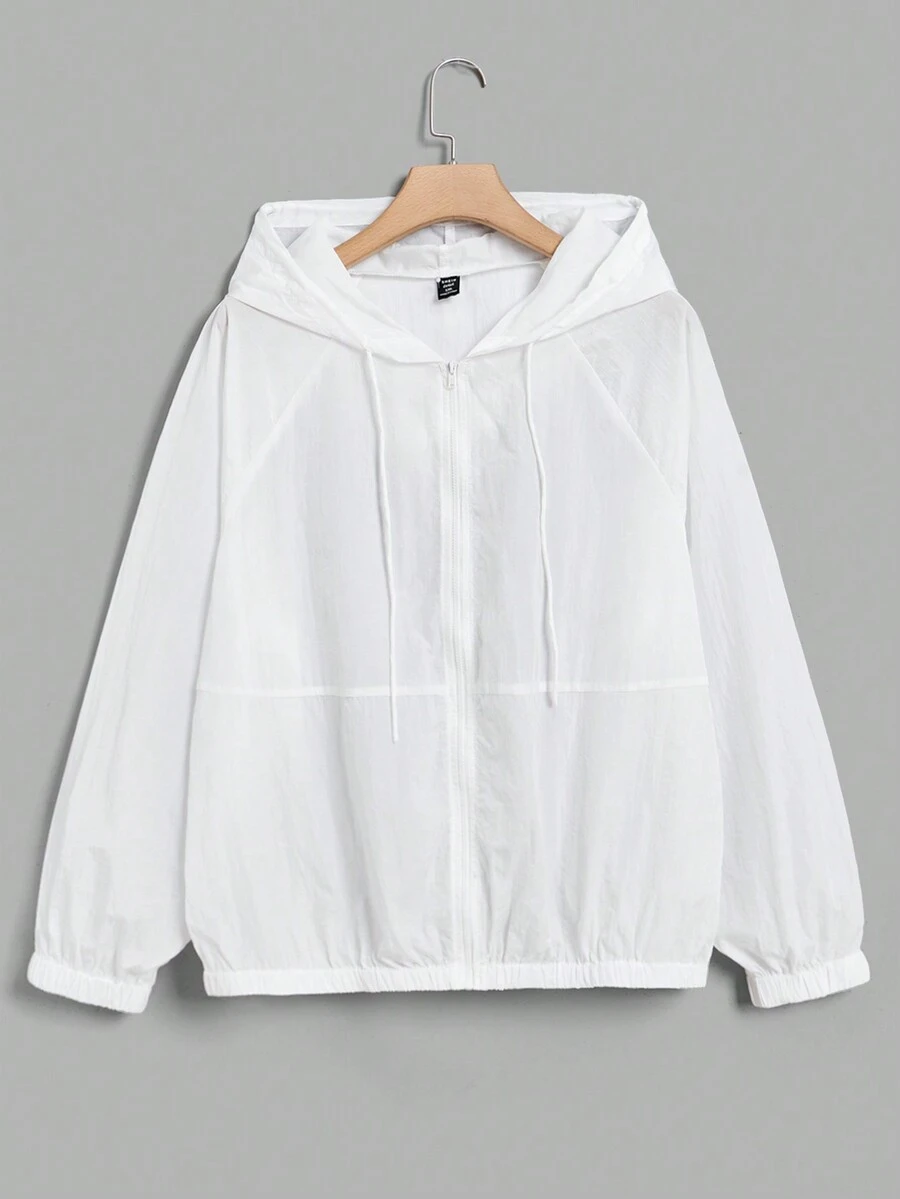 SHEIN EZwear 大碼拉鏈開襟抽繩連帽夾克 - 白色 - 查看 1