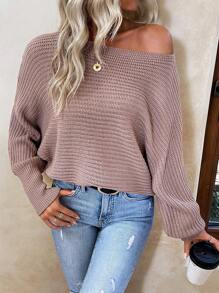 SHEIN Frenchy 女式純色船領下落肩毛衣 - 藕粉色 - 查看 4