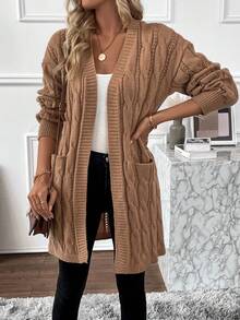 EMERY ROSE Twisted Knitted Cardigan With Pockets - Khaki - View 3