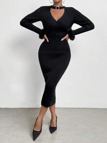 Chiquease Choker Neck Fuzzy Cuff Bodycon Sweater Dress - Black - View 6
