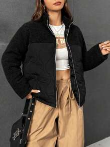 SHEIN EZwear Abrigo acolchado con forro de felpa negro para mujer - Negro - Ver 6