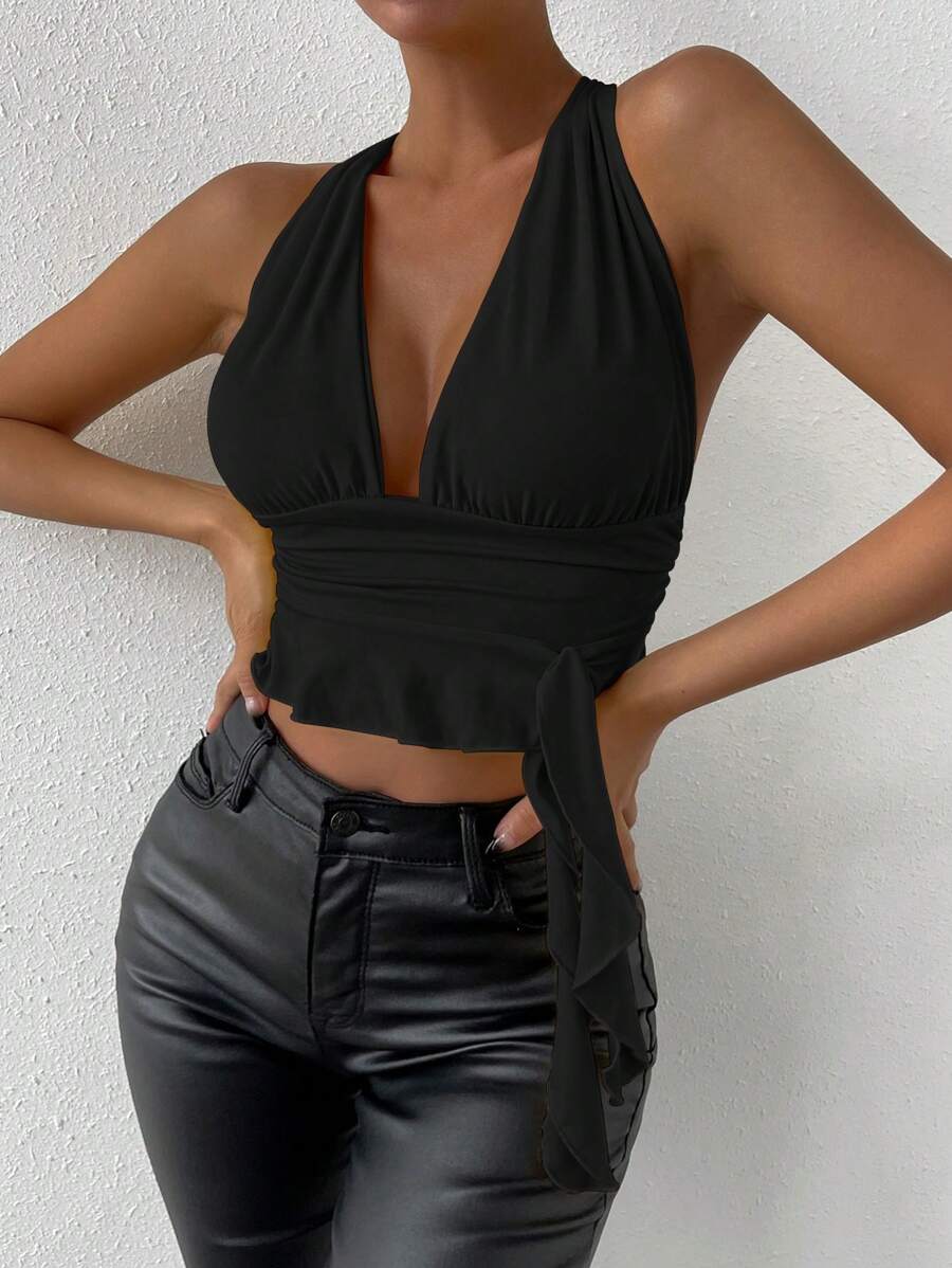 Allurite Cổ Lao Ca-vát Backless Áo Crop Halter - màu đen - Xem 1