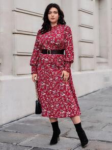SHEIN Privé Plus Floral Print Lantern Sleeve Dress Without Belt - Red - View 4