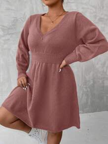 SHEIN LUNE Vestido Suéter Con Cuello En V De Talla Grande De Color Liso - Color caoba - Ver 5