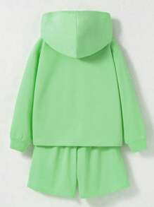 2 件套青少年男孩运动纯色连帽长袖运动衫和短裤，春秋季 - 綠色 - 查看 2