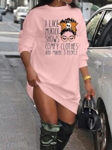 Maweii 大碼標語和人物圖案落肩袖洋裝 - 粉色 - 查看 1