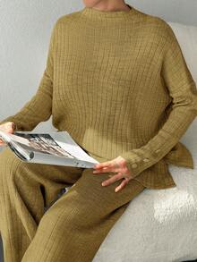 EURMUSE Mock Neck Button Detail Drop Shoulder Split Hem Sweater & Knit Pants - Army Green - View 3