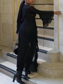 Áo khoác kimono tay loe buộc dây phía trước màu trơn dành cho nữ, thích hợp mặc đi nghỉ mát. - màu đen - Xem 2