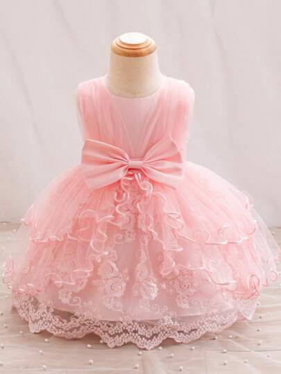 SHEIN Glamorique Kids Baby Girls' Embroidered Mesh Dress With Bowknot, Suitable For Birthday Parties, Evening Parties, Weddings, Baptisms, And First Birthday Celebrations,  And Stylish