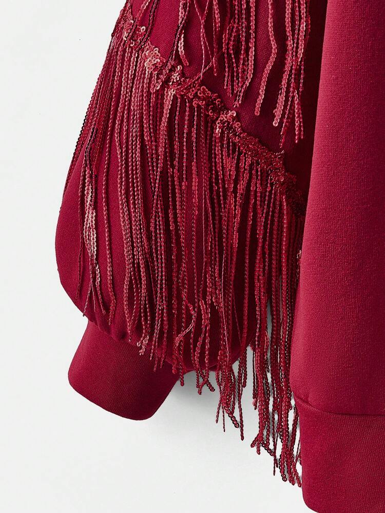 Plus Fringe Trim Drop Shoulder Sweatshirt Pullover Fall Sweatshirt