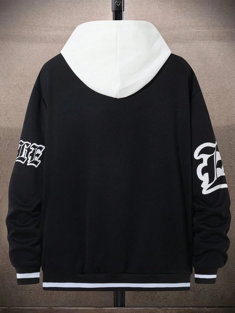 Loose Fit Men's Letter & Graphic Print Bomber Jacket With Striped Trim