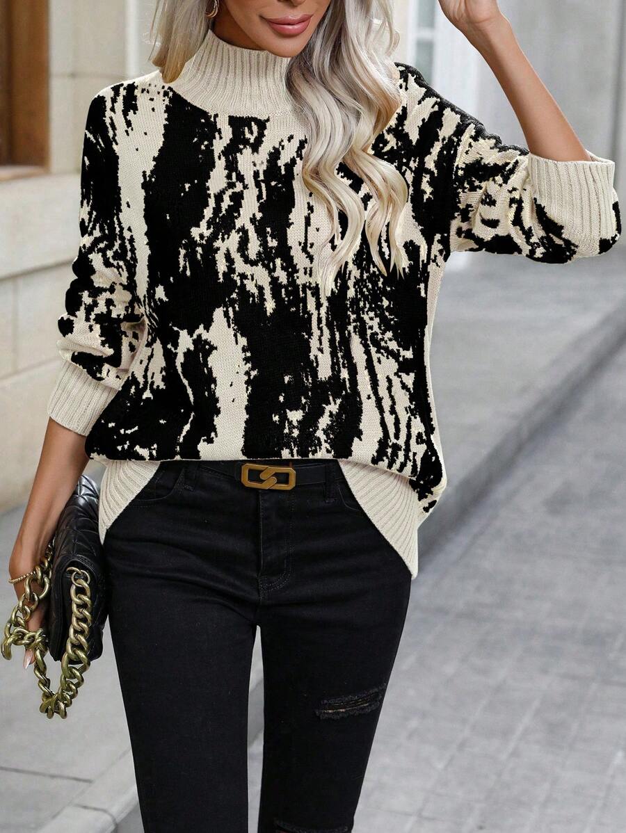 EMERY ROSE Suéter de cuello alto con estampado gráfico y hombros caídos, tops de manga larga de punto, suéter de punto para otoño e invierno - Albaricoque - Ver 1