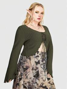 ROMWE Fairycore 大碼木耳邊前打結喇叭袖前繫帶短款上衣 - 軍綠色 - 查看 5