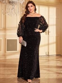 大码女式优雅露肩 3D 贴花网眼灯笼袖亮片晚礼服派对礼服婚礼宾客礼服正式礼服