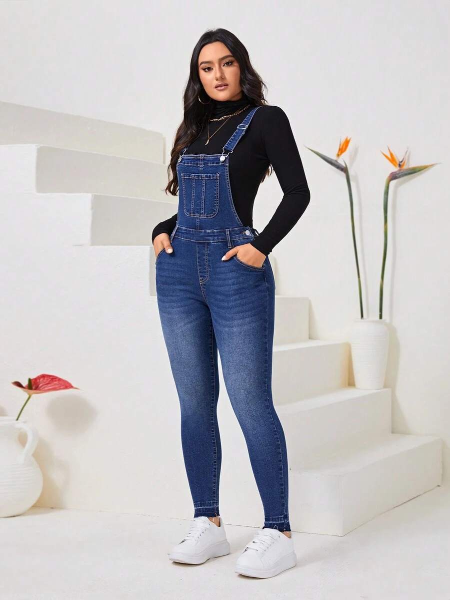 SHEIN Privé Túi nghiêng Quần yếm Denim Without Top - Rửa tối - Xem 1