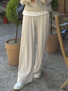 DAZY Chất rắn Túi nghiêng Quần ống rộng - Màu be - Xem 2