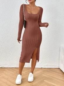 SHEIN Frenchy Cổ vuông Tách đùi Đầm Áo len - Hồng - Xem 5