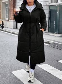 Flirla Plus Drawstring Waist Hooded Padded Padded Coat, For Winter Clothes - Black - View 1