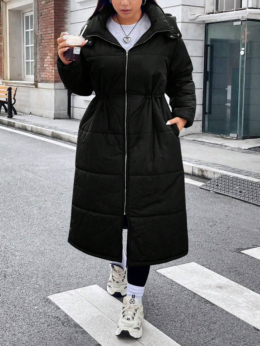 Flirla Plus Drawstring Waist Hooded Padded Padded Coat, For Winter Clothes - Black - View 1