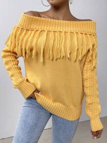 SHEIN Clasi Suéter de punto con hombros descubiertos y flecos para otoño e invierno - Amarillo - Ver 5