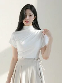 DAZY 褶饰针织高领上衣，商务休闲女式高领衫