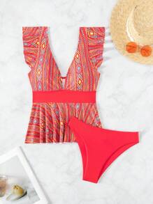 SHEIN Swim Women'S Geometric Print Cami Top And Briefs Tankini Set Summer - Multicolor - View 3